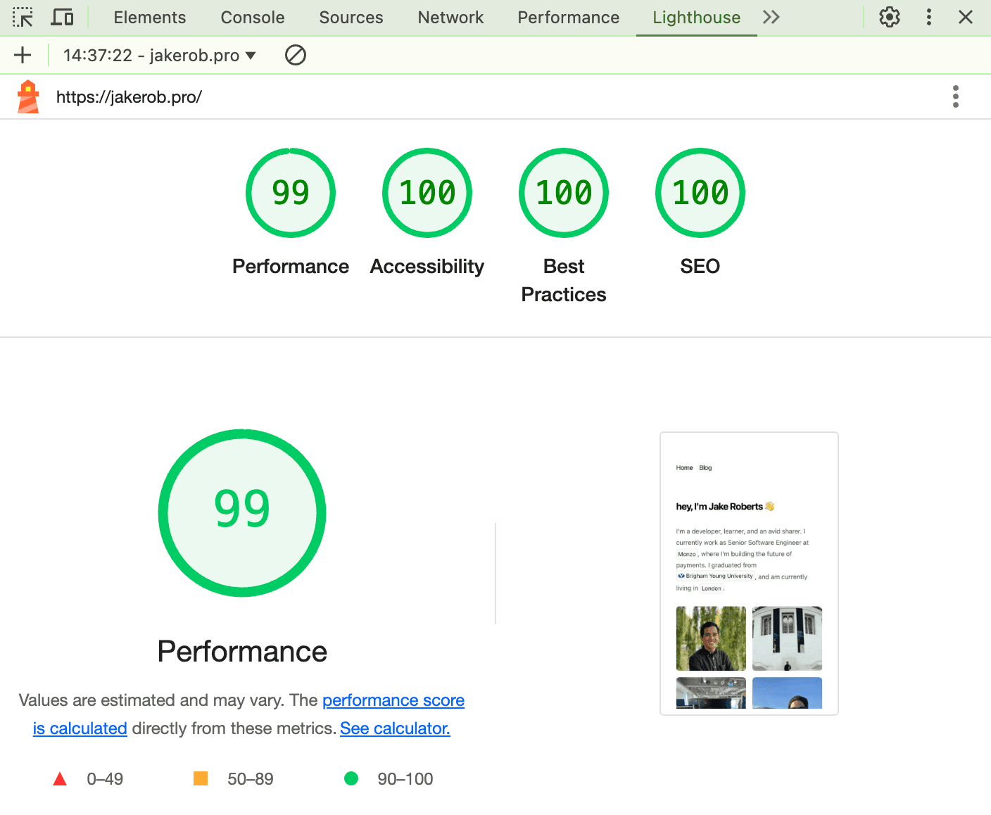 Performance of jakerob.pro through chrome lighthouse