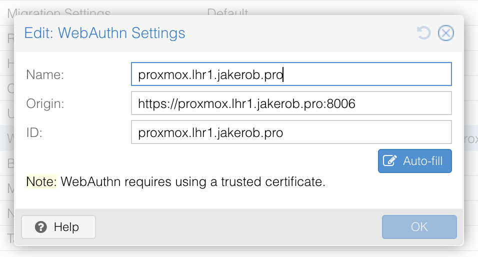 Passkey 2FA Proxmox VE WebAuthn Settings